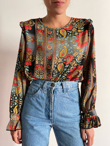 Camicia indiana con volant paisley nero/grigio