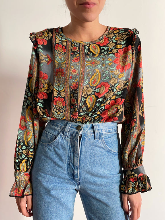 Camicia indiana con volant paisley nero/grigio