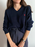 Maglione scollo a v Ralph Lauren blu con stemma rosso