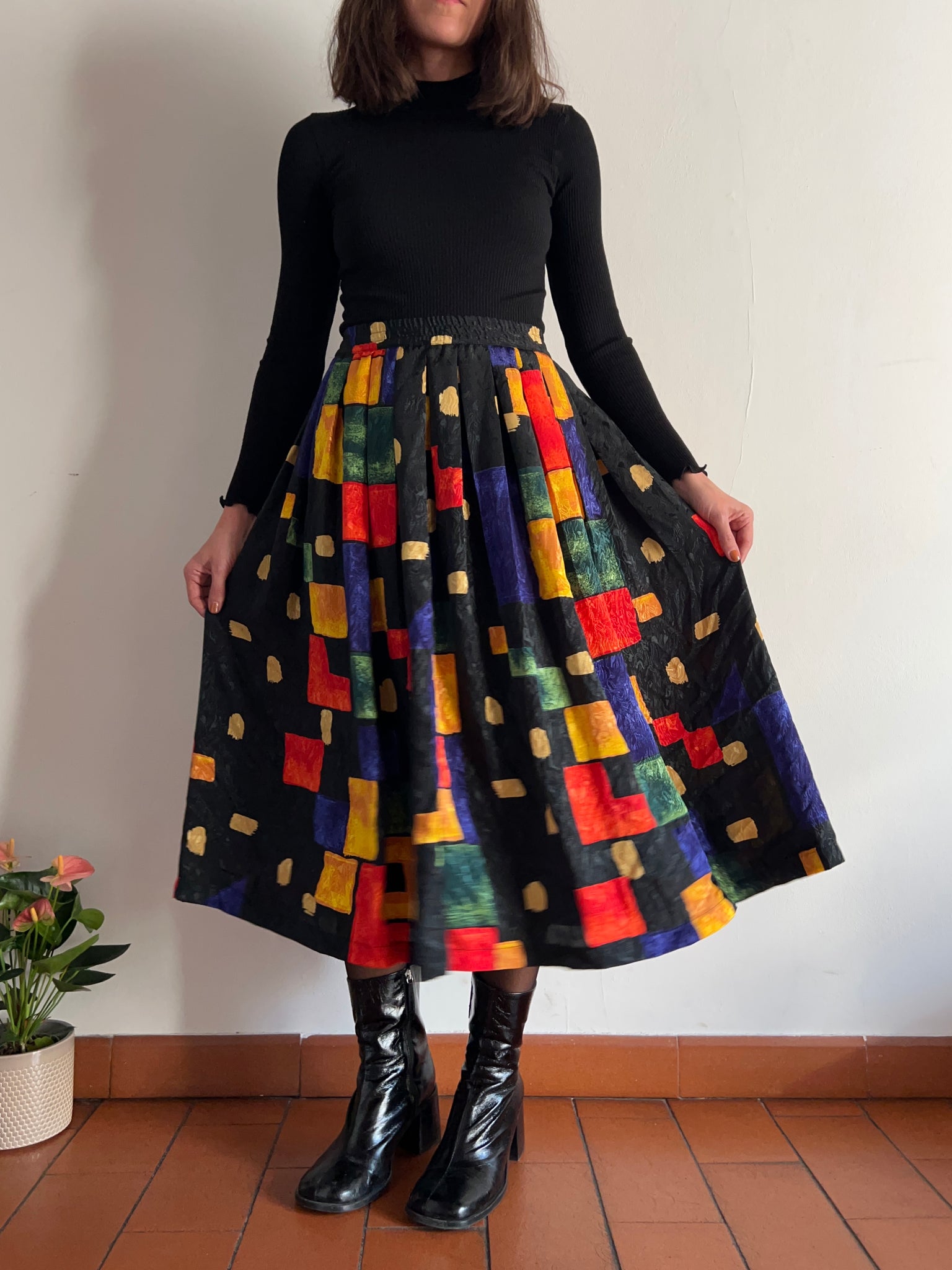 Gonna midi nera fantasia colorata Celestina Vintage