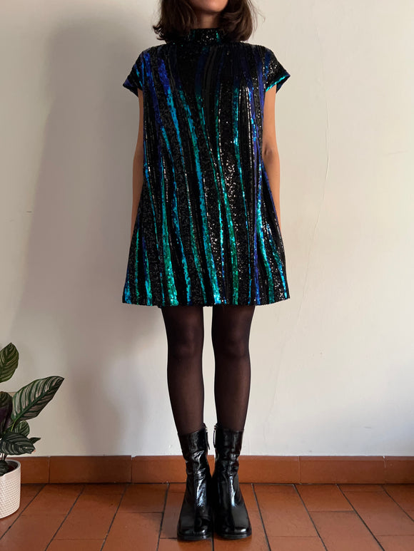 Abito stile 60s paillettes verde e blu