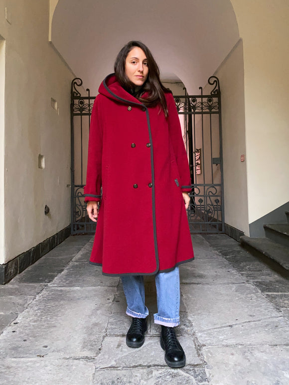 Cappotto Loden bordeaux con cappuccio