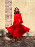 Abito lungo con cintura crepe rosso corallo