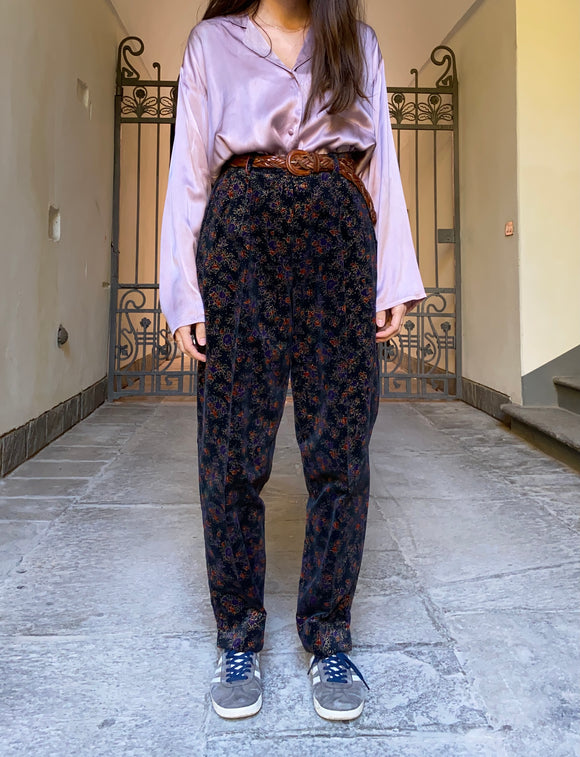 Pantaloni velluto a fiorellini viola