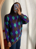 Maglione a collo alto rombi marrone-viola-turchese