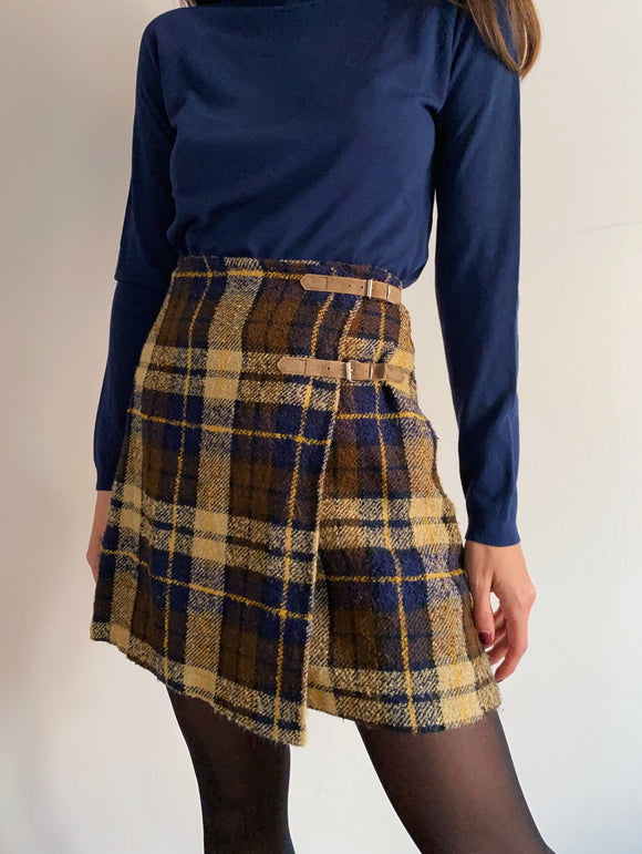 Gonna a portafoglio in lana tartan blu e marrone