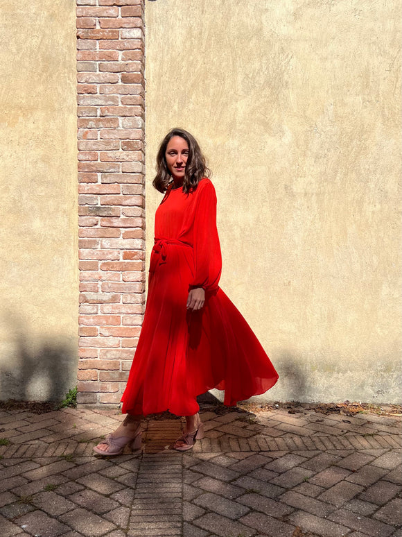 Abito lungo con cintura crepe rosso corallo