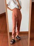 Pantaloni stock Benetton • rosa scuro vita altissima con piega cucita