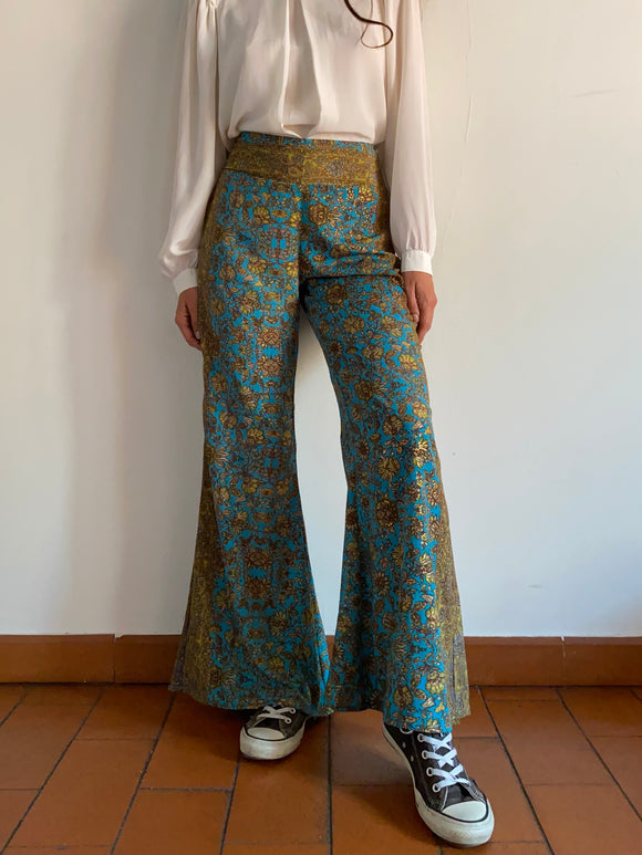 Pantalone indiano flare azzurro e pistacchio