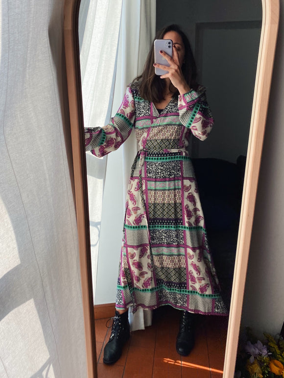 Abito lungo a portafoglio stampa patchwork