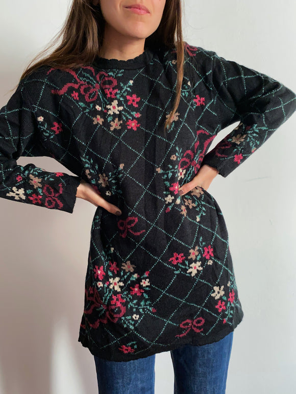 Maglione lungo quadri e fiori