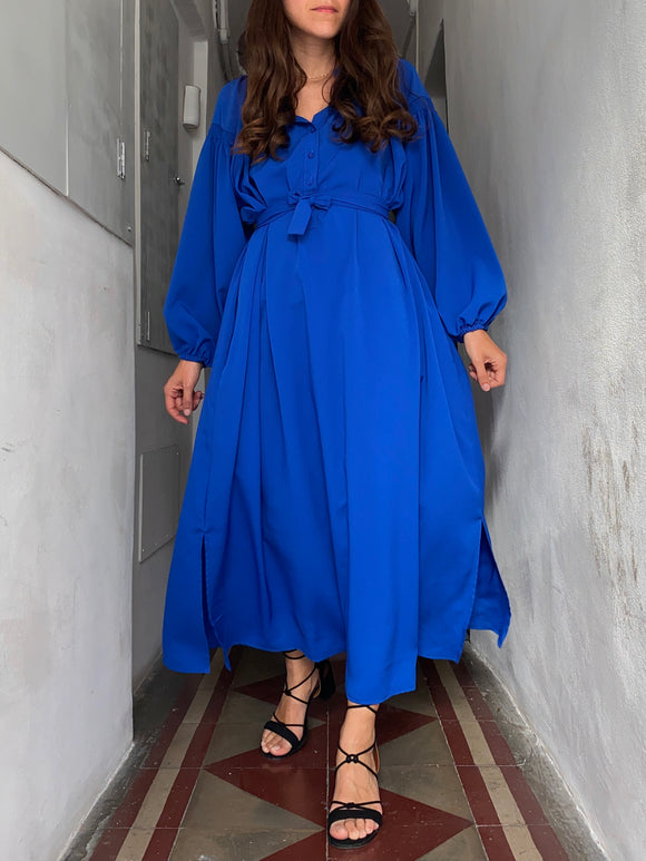 Abito lungo con cintura bluette