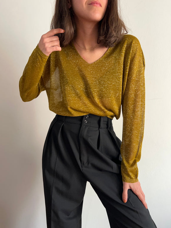 Maglia luccicante scollo V senape
