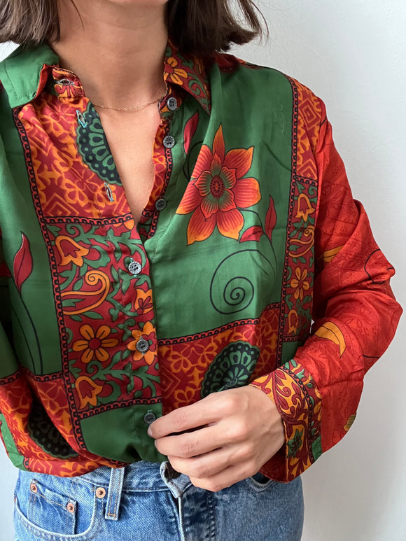 Camicia pura seta verde e ruggine