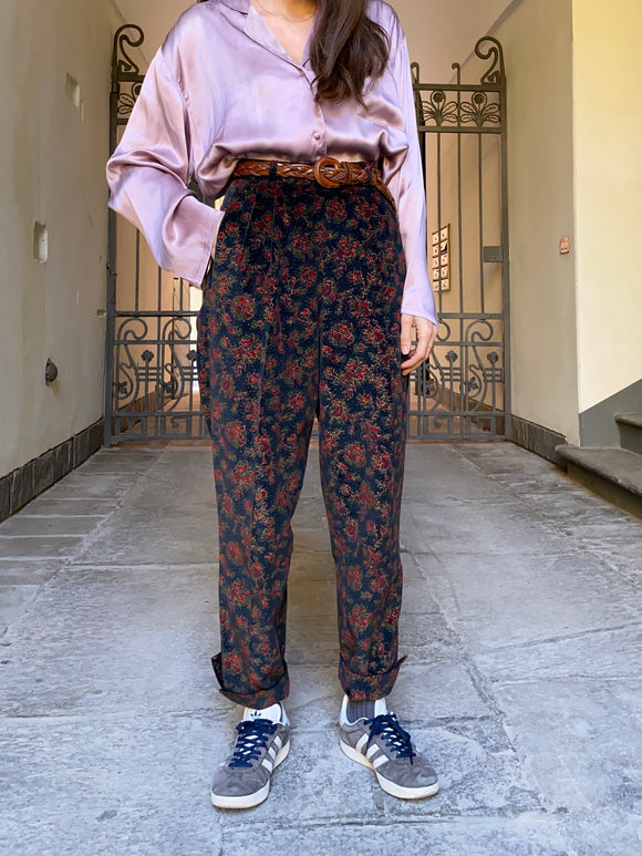 Pantaloni velluto a fiorellini bordeaux