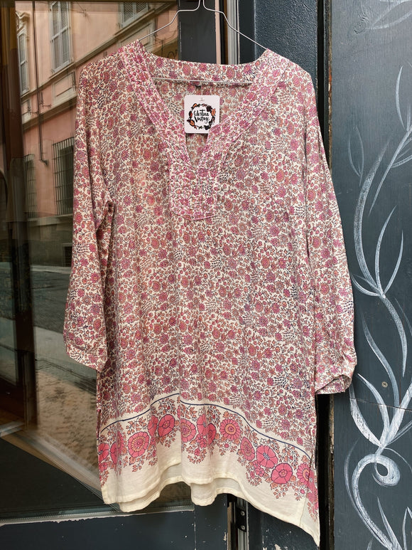 Camicia indiana di cotone a fiorellini rosa