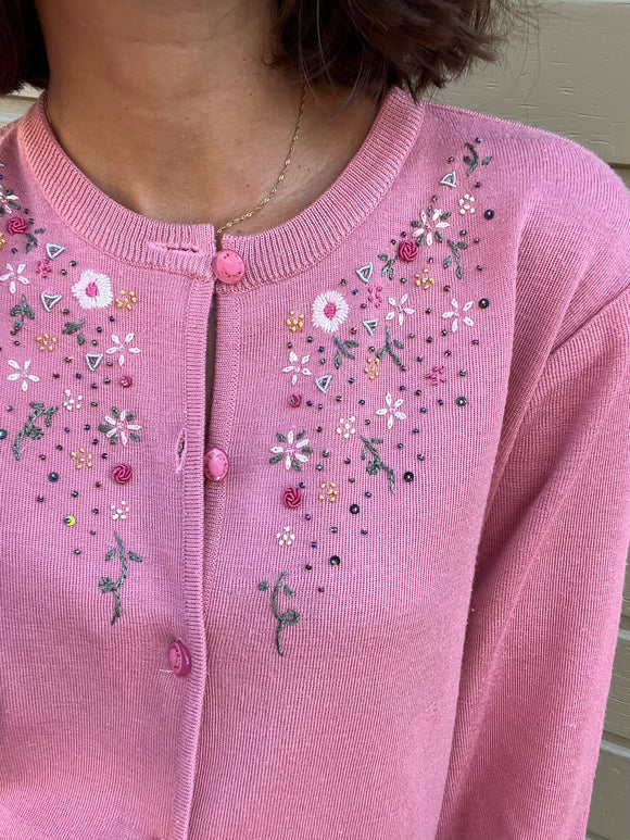 Cardigan rosa ricamato