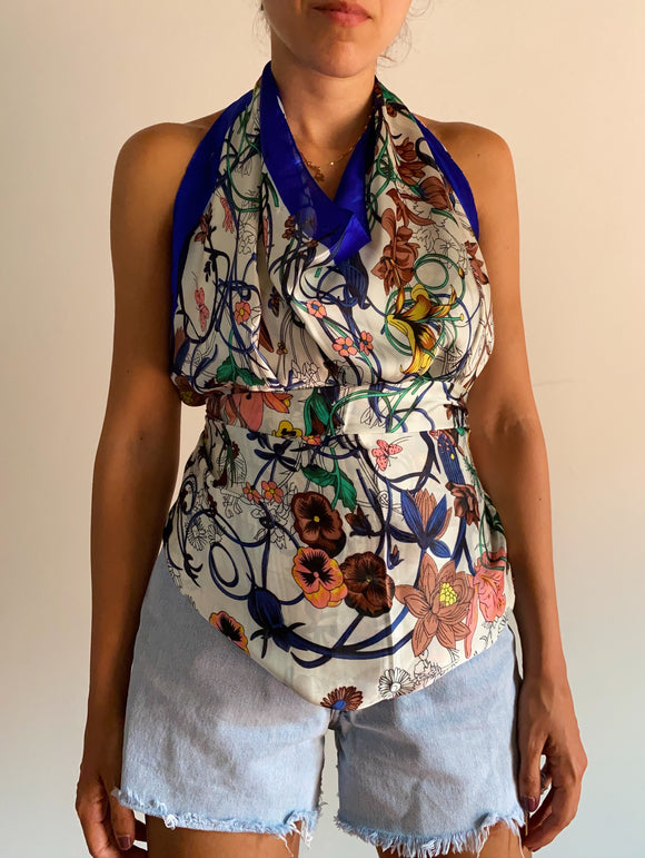 Foulard di seta fiorato bianco bordo bluette con viole
