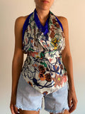 Foulard di seta fiorato bianco bordo bluette con viole