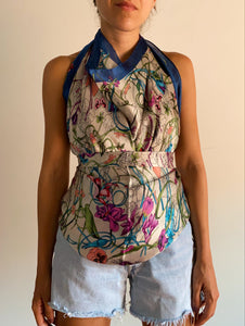 Foulard di seta fiorato beige bordo petrolio