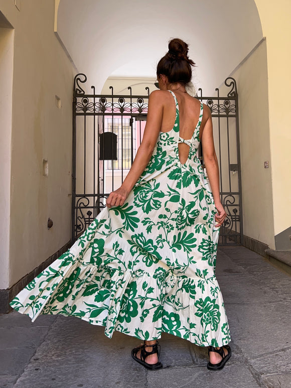 PRE ORDINE • Abito di cotone con scollo sulla schiena bianco e verde